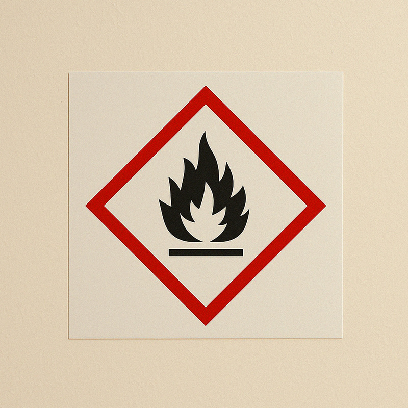 Dekal med farosymbol GHS02 Brandfarlig – 74x74 mm – enligt CLP-föreskrifter – Skyltmax.se