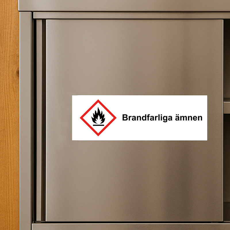 Dekal med farosymbol - Brandfarliga ämnen – 300x100 mm – enligt CLP-föreskrifter – Skyltmax.se