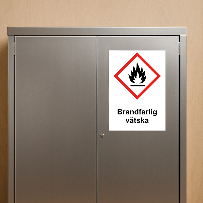 Dekal med farosymbol - Brandfarlig vätska – 210x297 mm – enligt CLP-föreskrifter – Skyltmax.se
