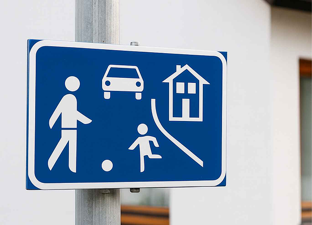 Spielstraßenschild auf einem Pfosten