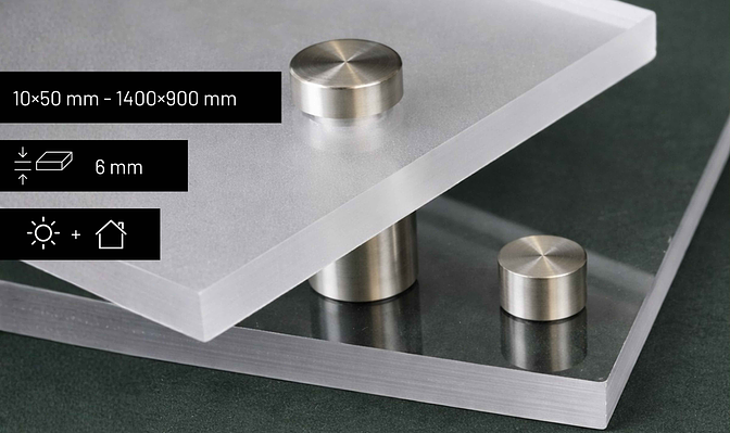 Acrylschild mit Produktinformationen zu Material, Haltbarkeit und Anwendungsbereich