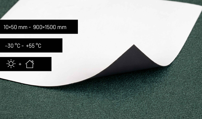 Magnetic sign with product information showing material, durability and area of use