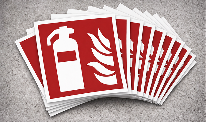 Stabel med brandskilt i rødt og hvitt, med symbol i henhold til ISO-standard