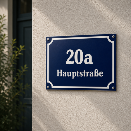 Hausnummernschild aus Aluminium mit Nummer und Straße