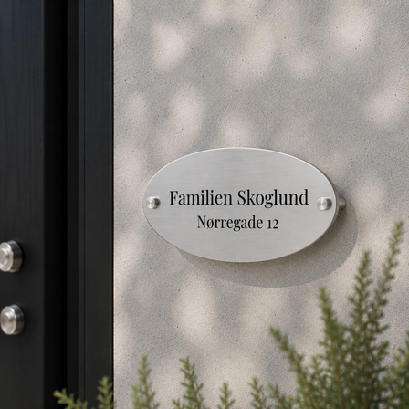 Oval aluminiumsskilt med teksten “Familien Skoglund, Nørregade 12”, monteret med vægafstandsstykker på en lys facade i naturligt dagslys.