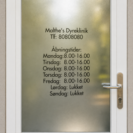 Frostet glasdør med sort vinyltekst til Malthes Dyreklinik, med telefonnummer og åbningstider, fotograferet lige forfra i naturligt dagslys.