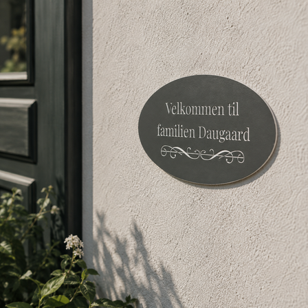 Ovalt graveret skilt i grå plast med hvid tekst “Velkommen til familien Daugaard”, monteret på en lys facade ved siden af en mørk hoveddør.