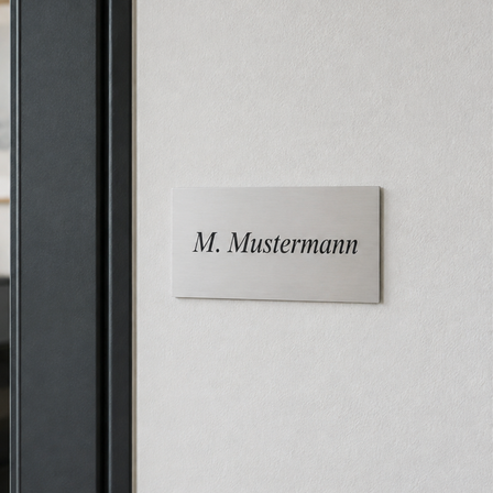 Bedrucktes Aluminiumschild mit dem Namen „M. Mustermann“, angebracht neben einer Bürotür in einem modernen Büro.