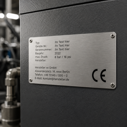 Bedrucktes Typenschild aus gebürstetem Edelstahl mit technischen Angaben und CE-Kennzeichnung, mit vier Schrauben an einer Industriemaschine befestigt.