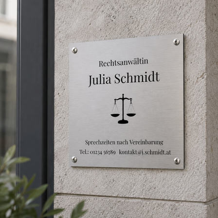 Bedrucktes Edelstahlschild für Rechtsanwältin Julia Schmidt mit Waage-Symbol und Kontaktdaten, mit glänzenden Schrauben an einer hellen Fassade befestigt.