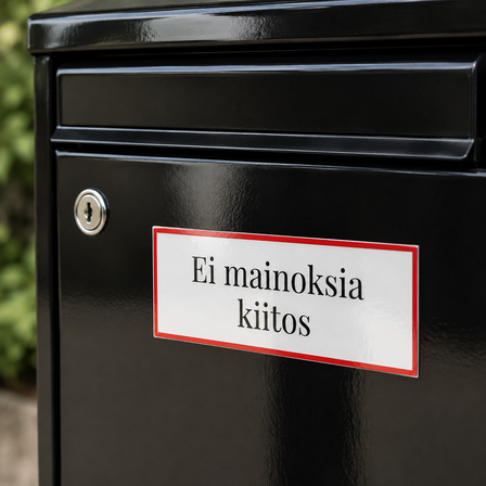 Kiiltävä vinyylitarra tekstillä ”Ei mainoksia kiitos”, kiinnitettynä kiiltävään mustaan postilaatikkoon.