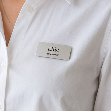 Badge nominatif en aluminium imprimé « Ellie – Assistante », fixé sur une chemise blanche.