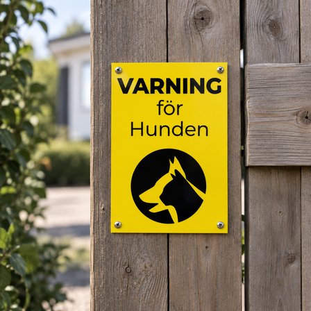 Skylt som varnar för hund