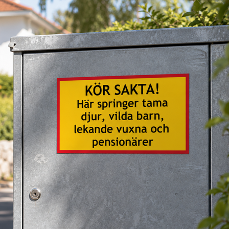 Skylt med rolig text om att köra sakta