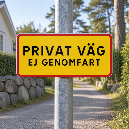 Aluminiumskylt på stolpe för privat väg