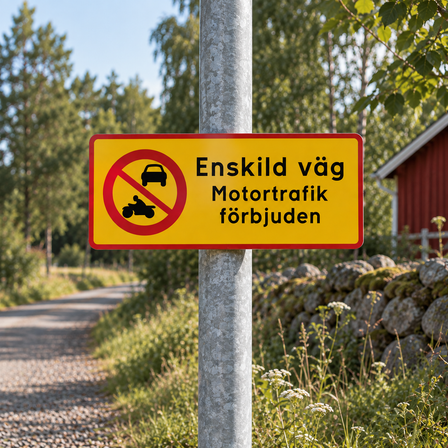 Skylt för privat väg, monterad på stolpe