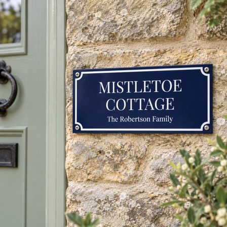 Cottage sign on a cottage brick wall