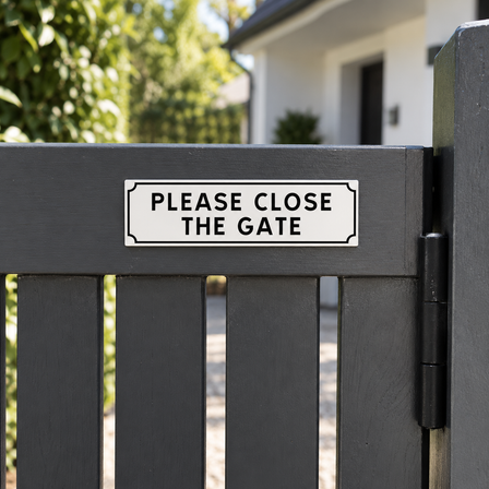 White engraved plastic information sign reading Please close the gate taped to a grey wooden garden gate