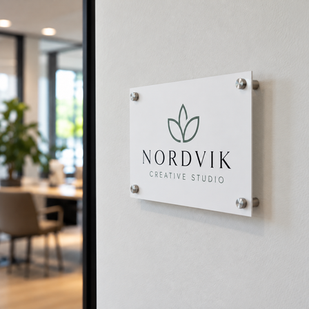 White printed interior sign with company logo mounted on silver wall standoffs in a bright modern office