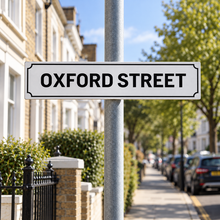 Aluminium street name sign mounted on a pole on a residential street in the UK