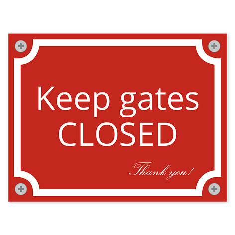 Keep gates closed sign - Personalised - Red/white - Aluminium - 130x100mm - Signomatic.co.uk