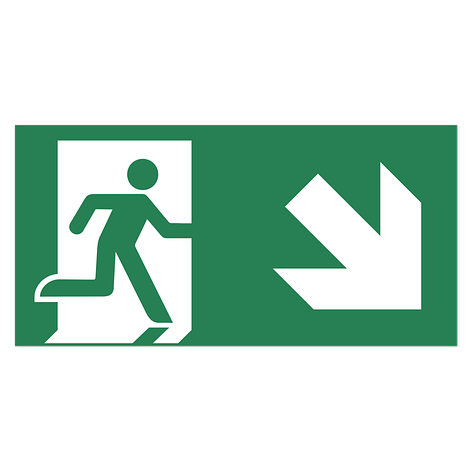 Panneau issue de secours - Signal de voie d’évacuation flèche bas droite - Aluminium - 300x150 mm - ISO 7010 - Plaqueomatic.fr