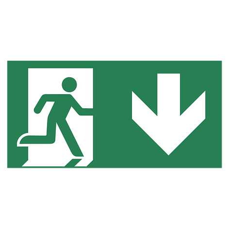 Panneau issue de secours - Signal de voie d’évacuation flèche bas - Aluminium - 300x150 mm - Plaqueomatic.fr