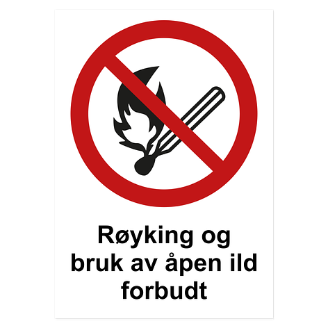 Røykning og åpen ild forbudt - ISO 7010 - 210x297 mm - Klistremerker - Skiltmax.no
